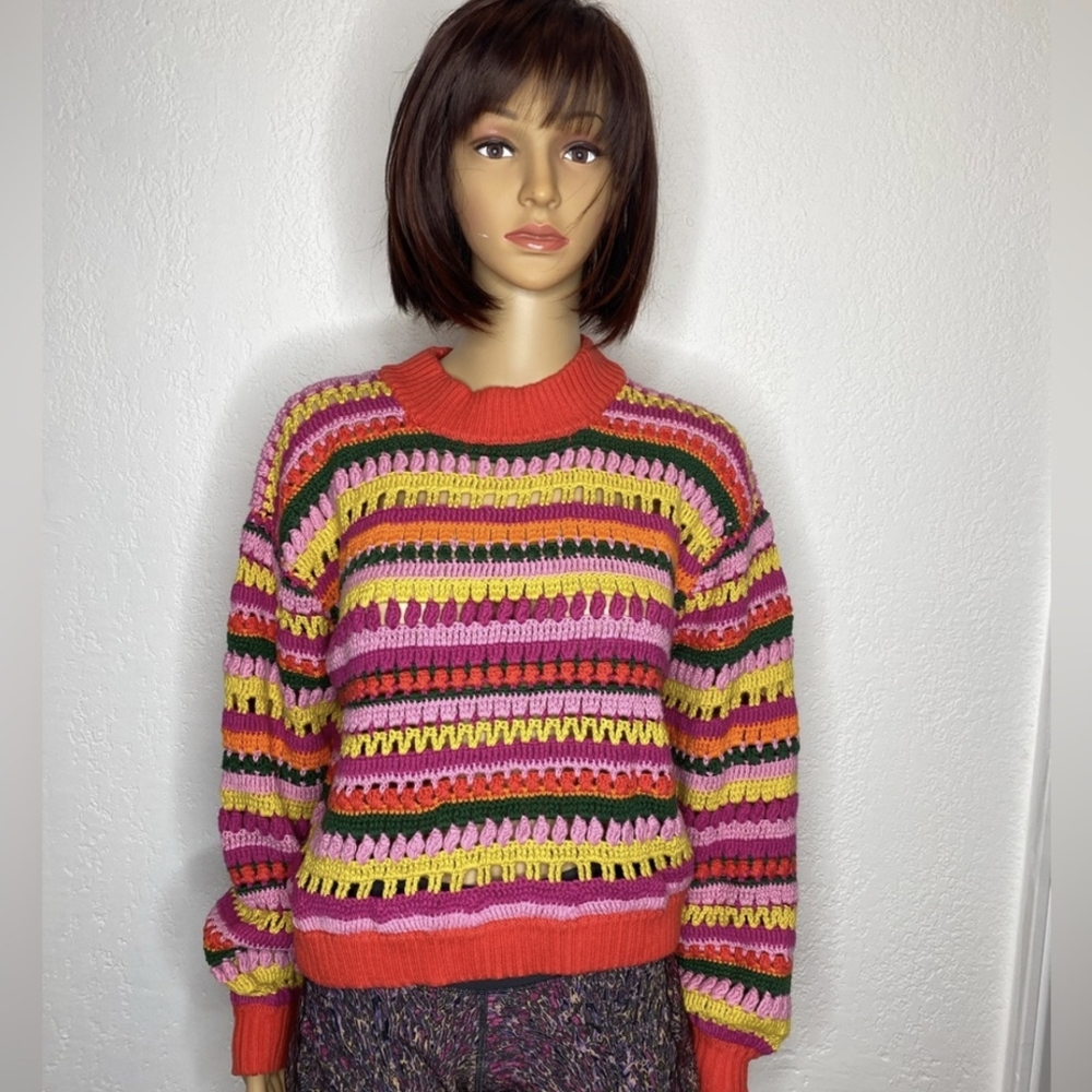 FARM Rio Red and Pink Crew Neck Sweater with Vibrant Stripes